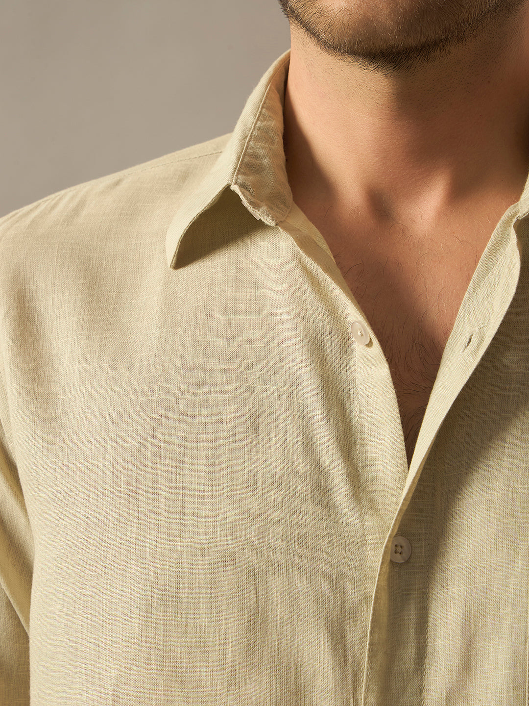 Linen Blend Relaxed Fit Full Sleeves Shirt - Natural