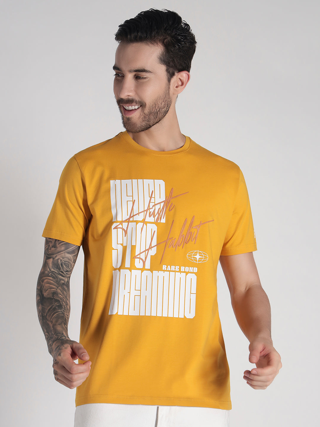 Rarebond's Hustle Habbit Yellow Half Sleeve Comfort Fit T-shirt