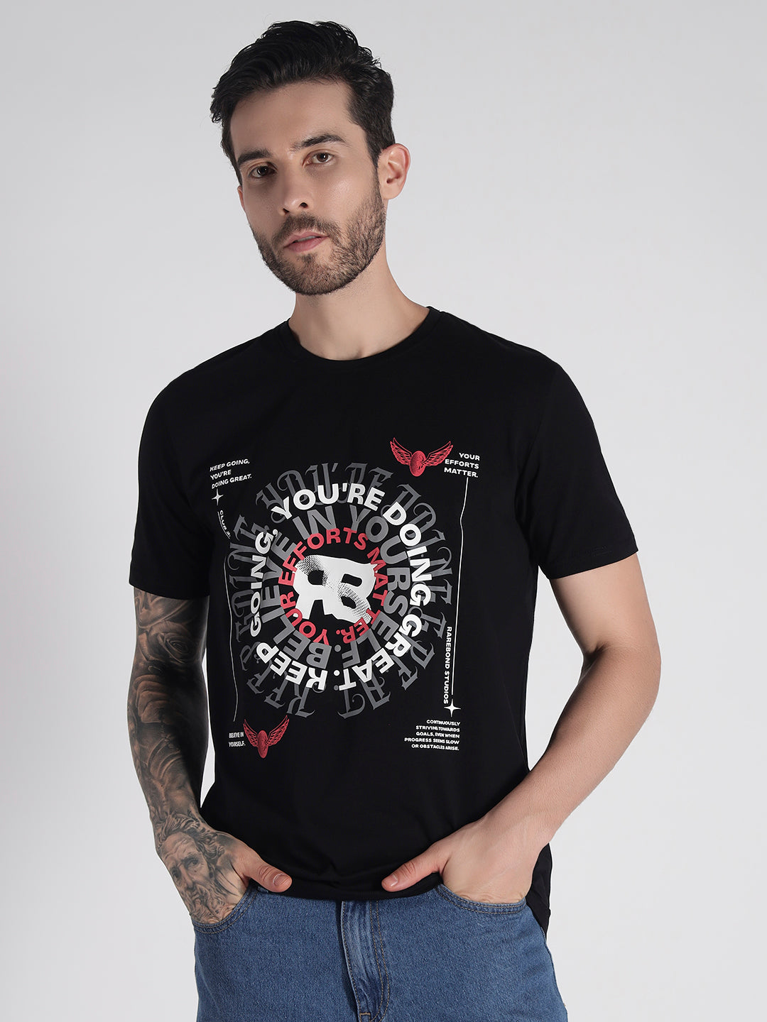Rarebond's Spiral Black Half Sleeve Comfort Fit T-shirt