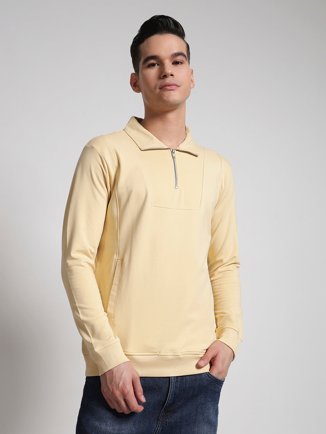 Rarebond Q-Zip High-Neck Yellow Full sleeves Comfort Fit Heavy Weight T shirt