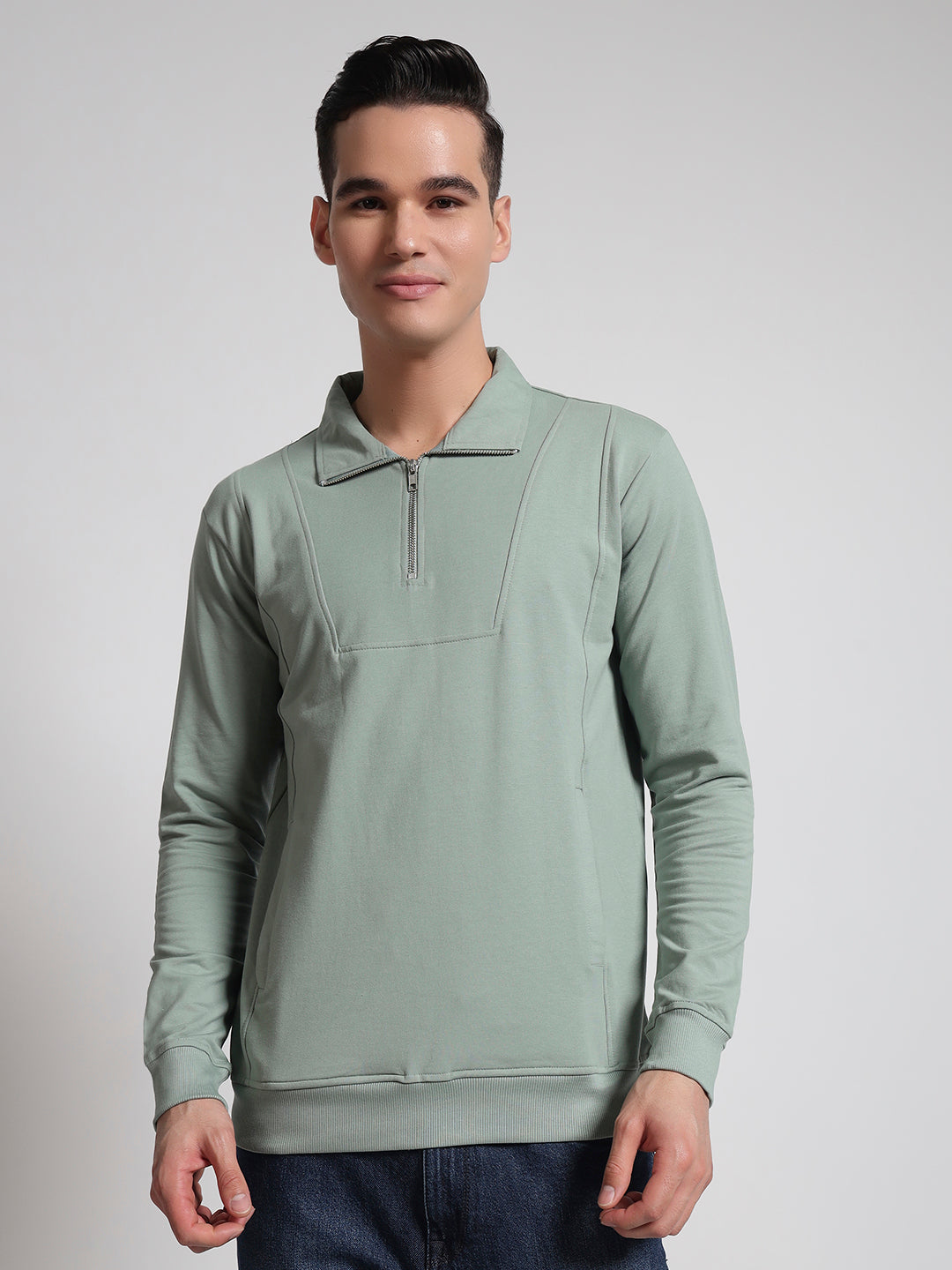 Rarebond Quarter-Zip High-Neck Green Full sleeves Comfort Fit T shirt