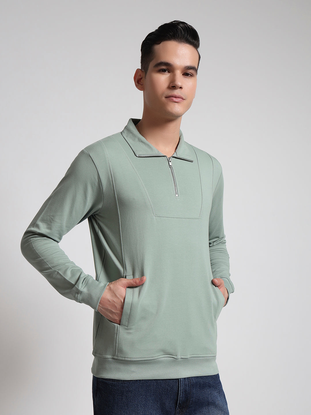 Rarebond Q-Zip High-Neck Green Full sleeves Comfort Fit Heavy Weight T shirt