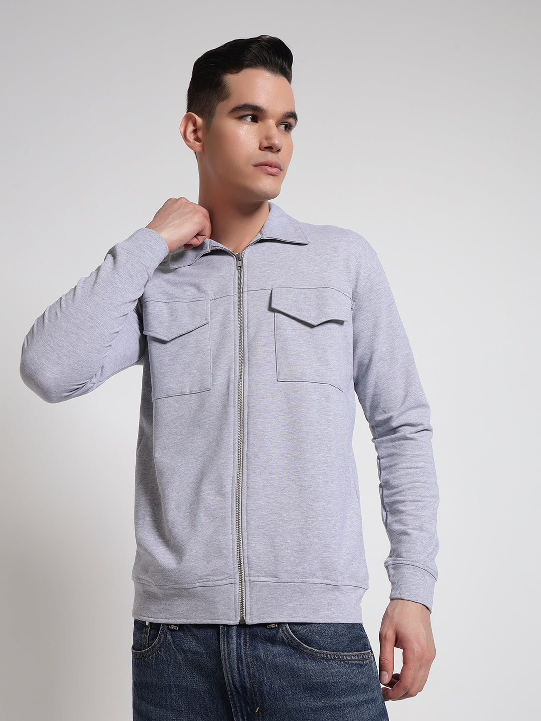 Rare Bond Grey Melange Full Sleeves Comfirt Fit Shacket
