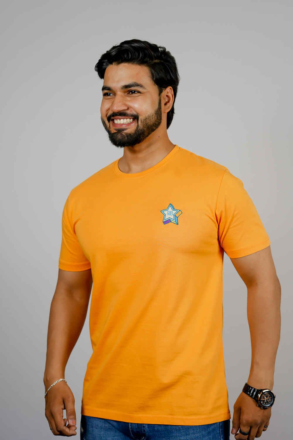 Rarebond's EMB Yellow Half Sleeve Comfort Fit T-shirt