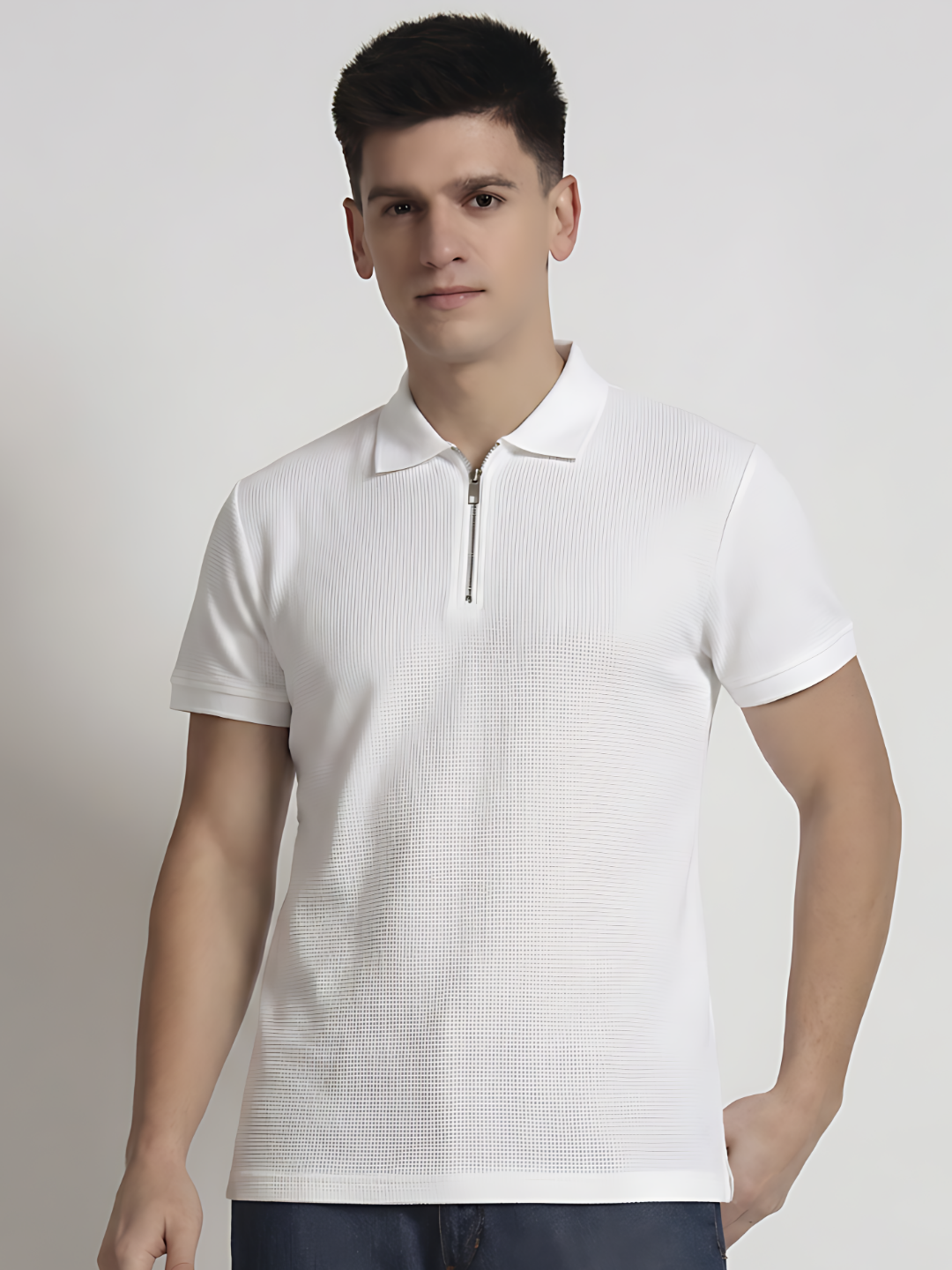 Rarebond Sentinel Men's White Textured Zip-Up Half Sleeves Polo  T-Shirt